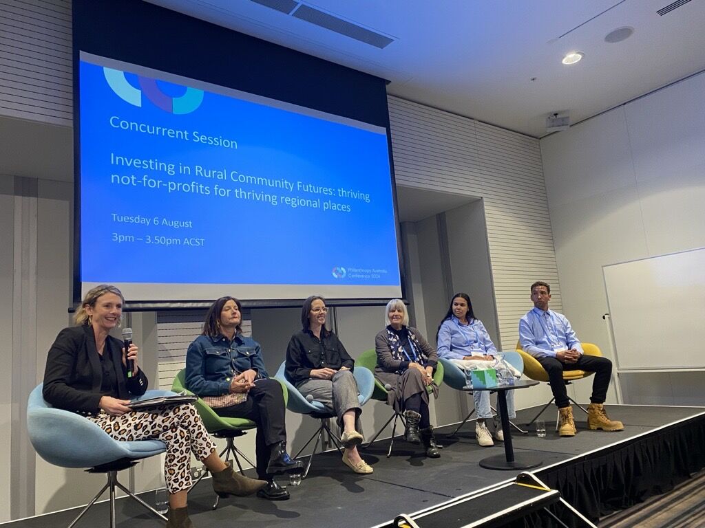 Moderator Natalie Egleton, CEO of FRRR with panellists Jenny Wheatley, CEO of VFFF and Janette, Thomas and Wurinda from the Mujaay Gamma Foundation