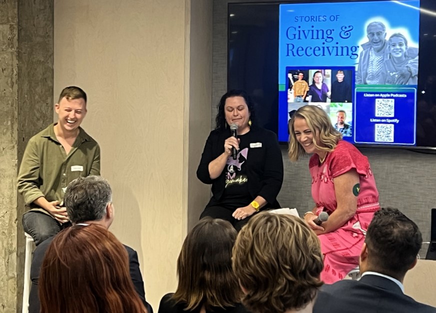 Backing the Future recipients Hayden Tonazzi and Sarah Chapman in conversation with Emilia Kefford at the Stories of Giving & Receiving launch