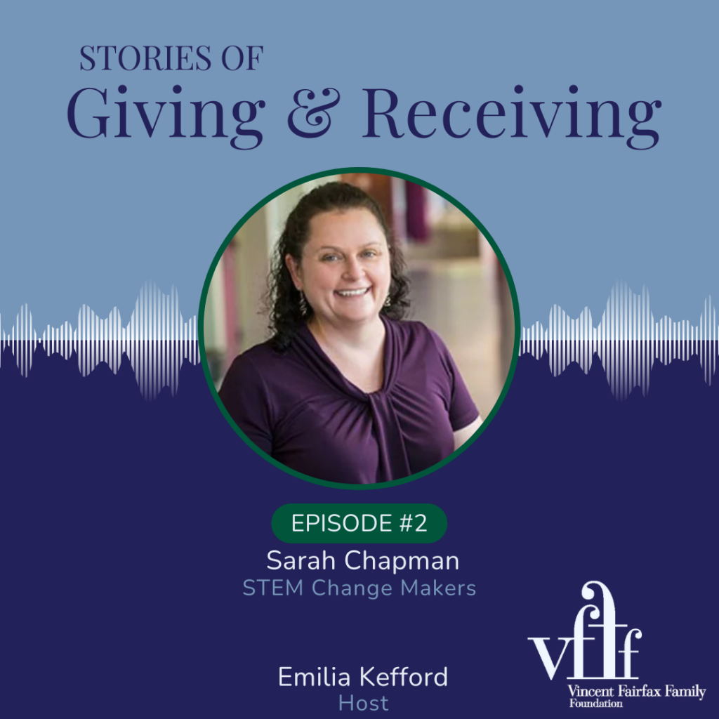 A picture of Sarah Chapman in a circle with a two tone blue background with the heading Stories of Giving and Receiving