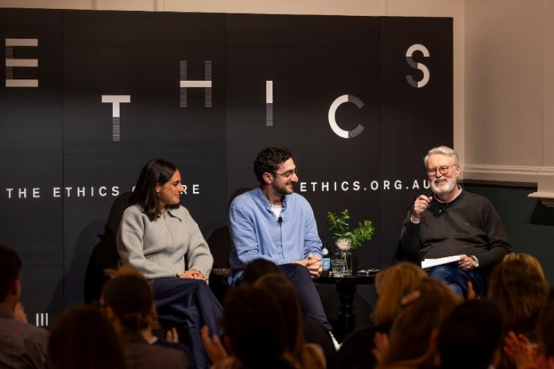  Zara Seidler, Sam Koslowski & Simon Longstaff AO in discussion at the event Photo credit: Ethics Centre Facebook