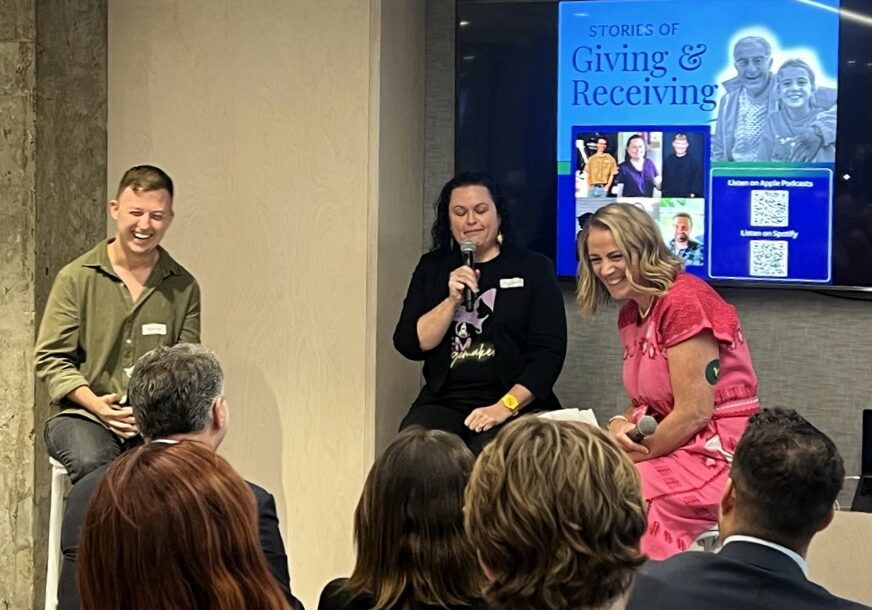 Backing the Future recipients Hayden Tonazzi and Sarah Chapman in conversation with Emilia Kefford at the Stories of Giving & Receiving launch